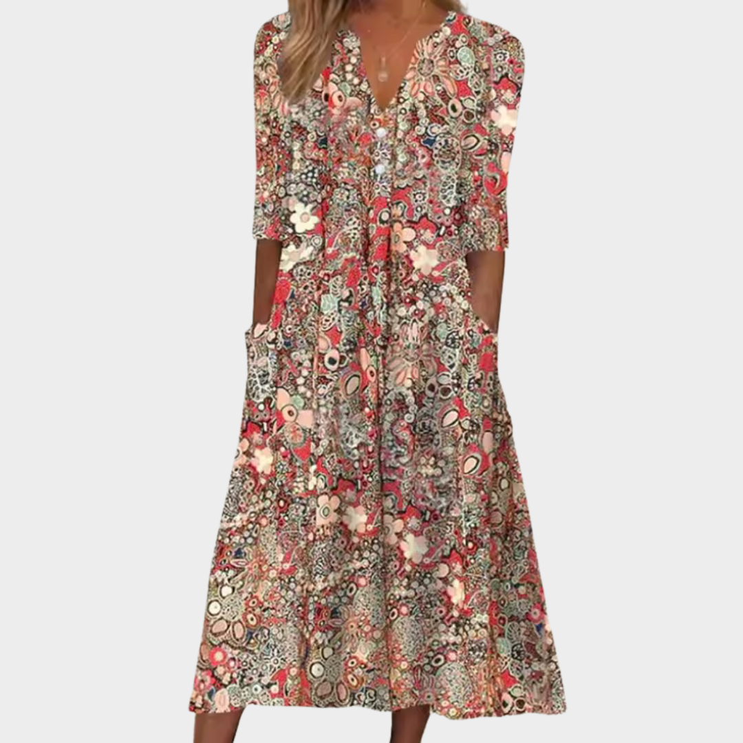 V Neck Floral Midi Dress Loose Fit