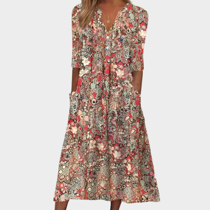 V Neck Floral Midi Dress Loose Fit