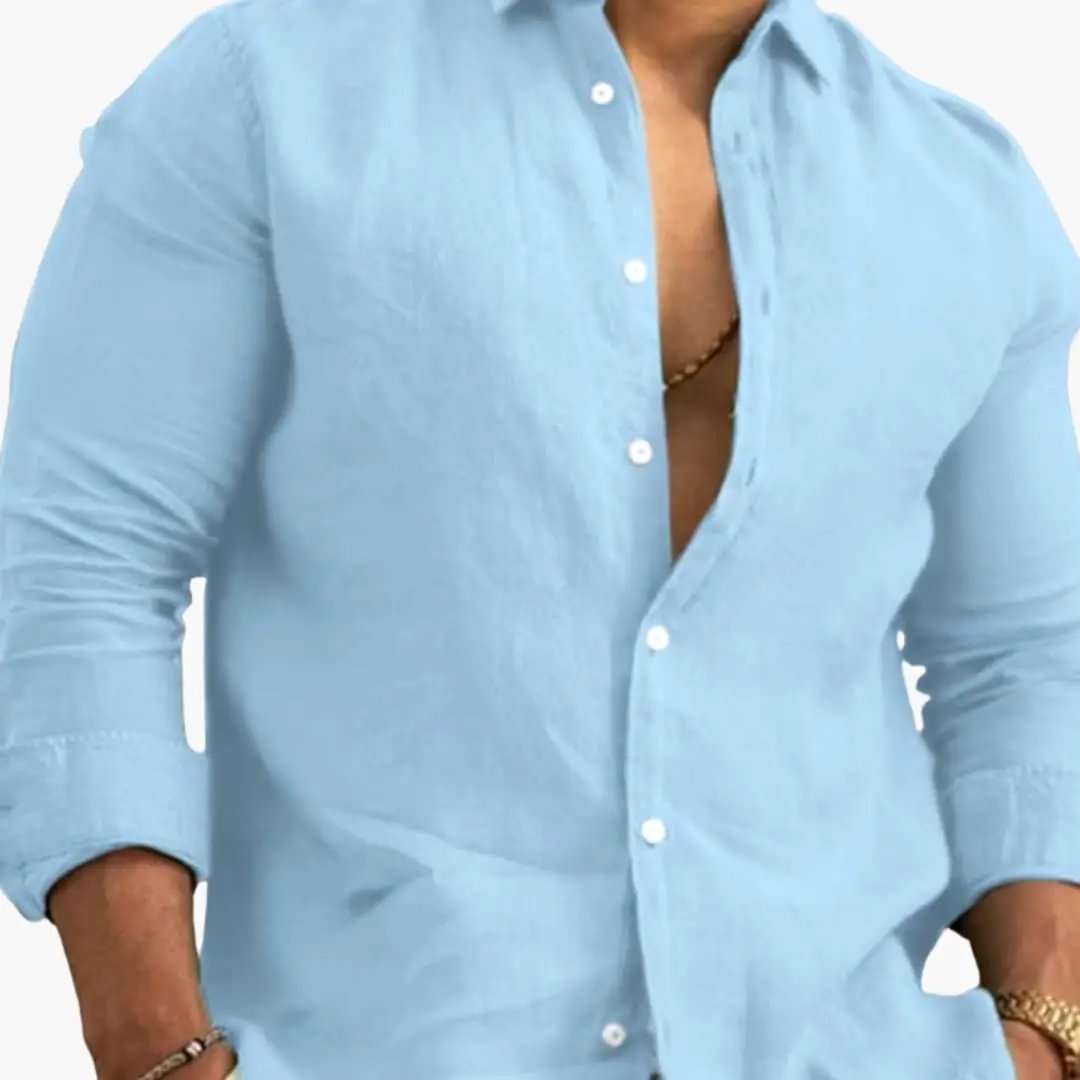 Point Collar Long Sleeve Button Down Relaxed Fit Linen Shirt