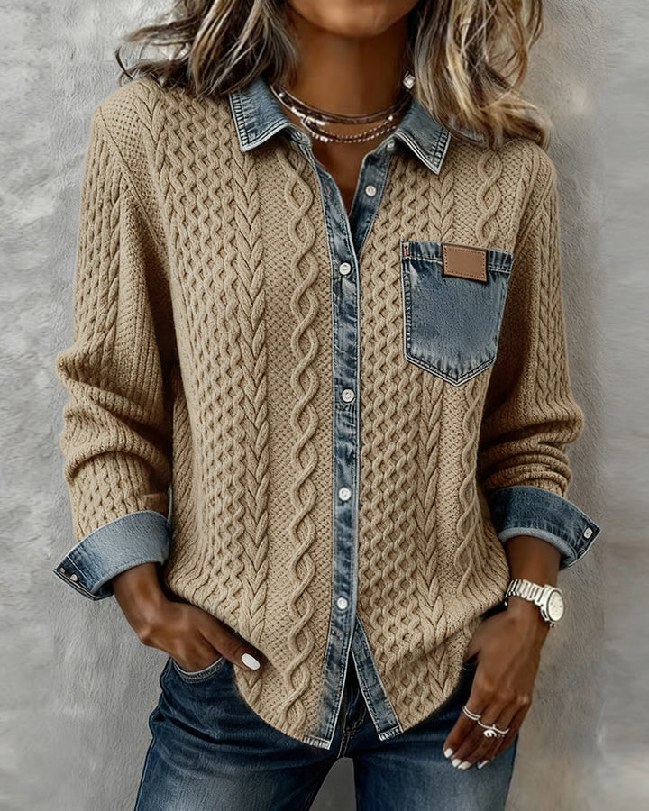 Beatrix | Women's Cable Knit Button-Down Sweater Shirt with Denim Trim