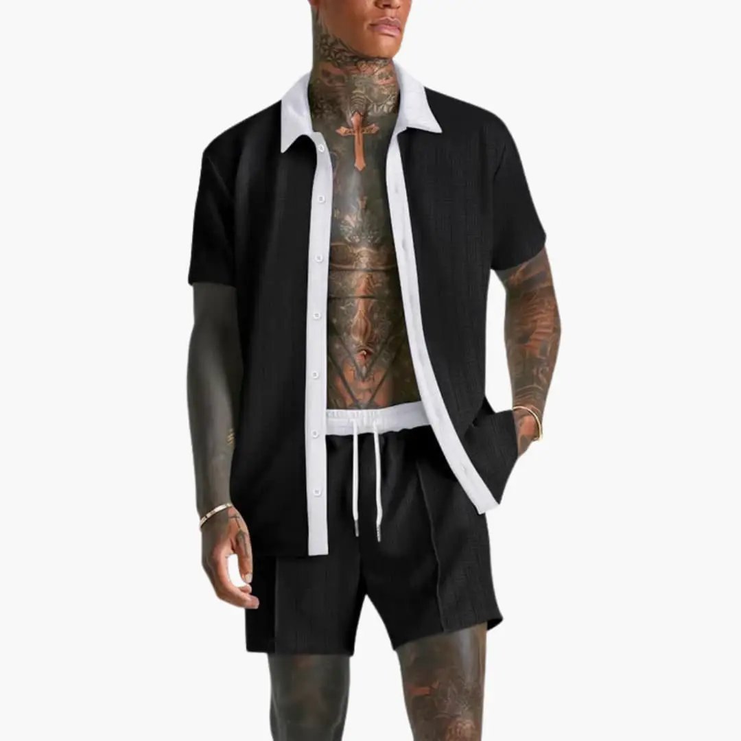 Contrast Trim Short Sleeve Shirt and Drawstring Short Matching Set
