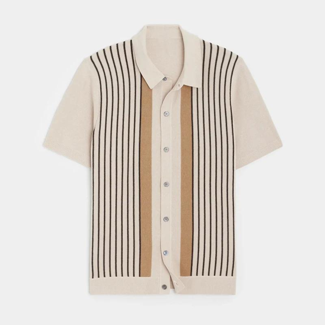 Vertical Stripe Knit Button Down Polo Shirt Men