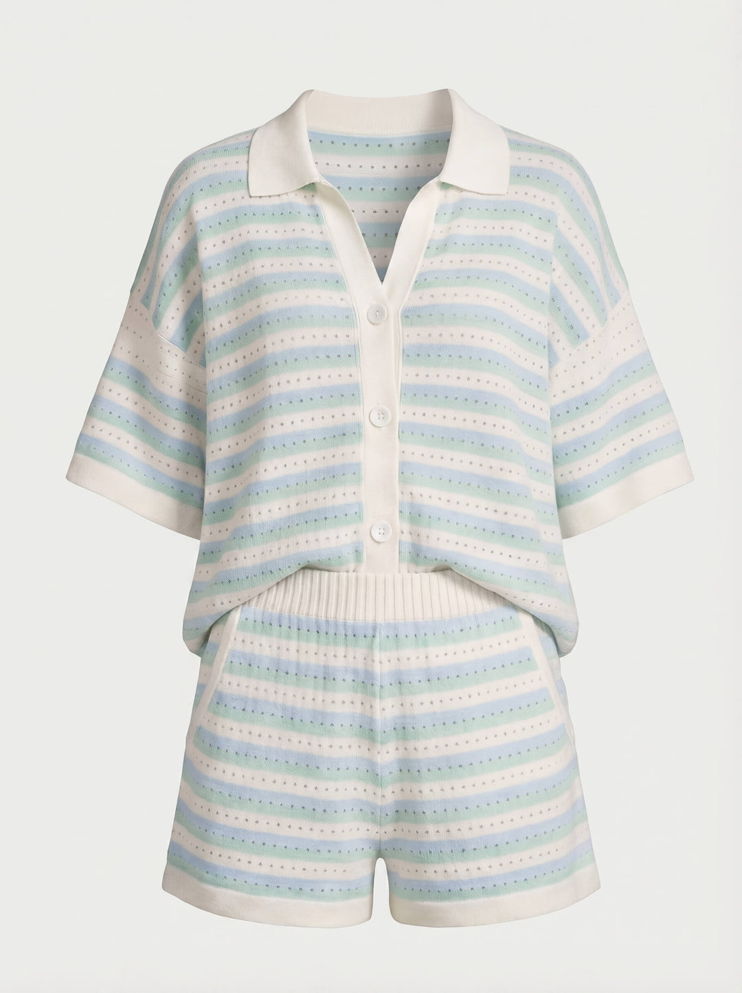 Striped Pointelle Knit Polo Top and Short Matching Set