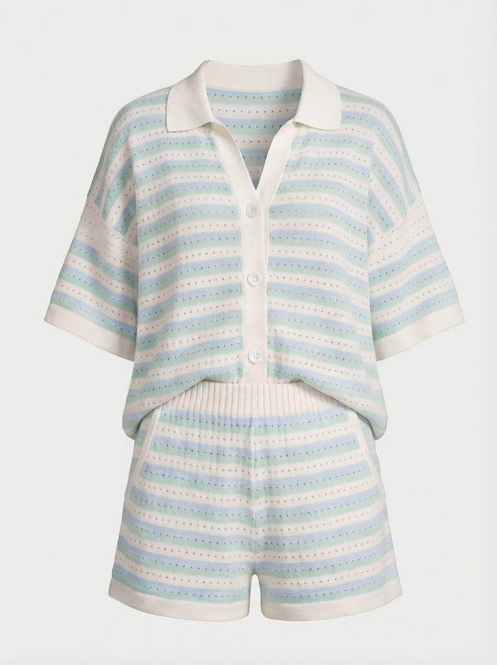 Striped Pointelle Knit Polo Top and Short Matching Set