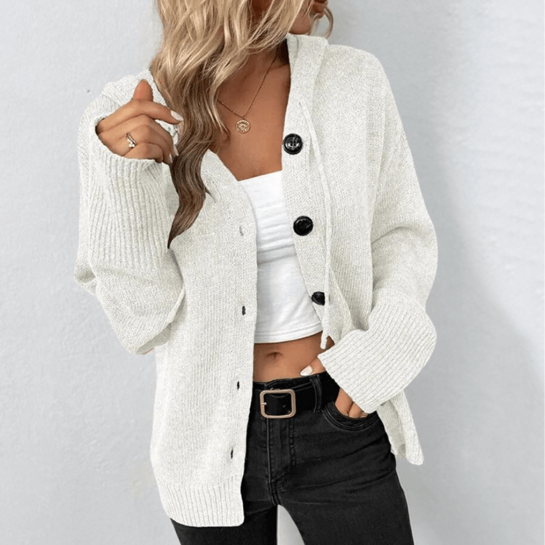 Rosalind | Women's Relaxed Hooded Ribbed Cardigan with Button Front