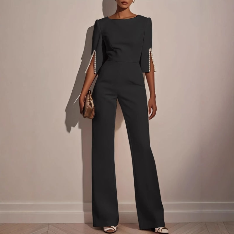 Pearl Trim Split Sleeve Bateau Neck Wide Leg Formal Jumpsuit