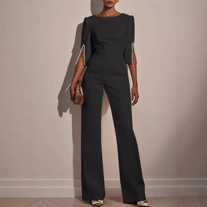 Pearl Trim Split Sleeve Bateau Neck Wide Leg Formal Jumpsuit