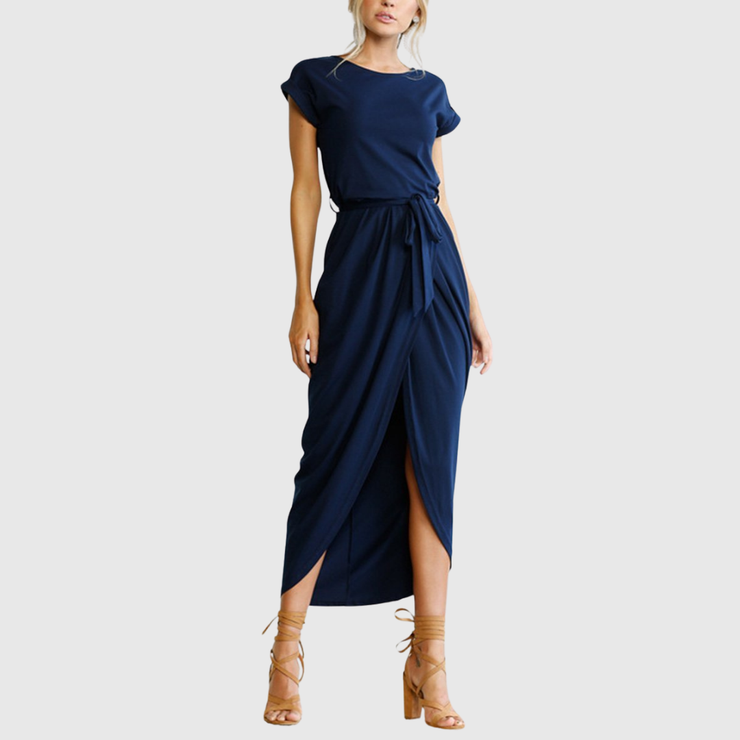 Cap Sleeve Belted Casual Midi Dress Side Split