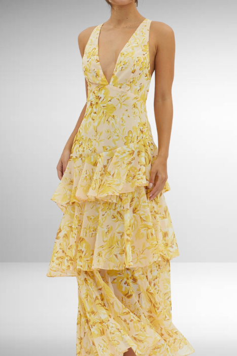 Abstract Print Tiered Ruffle Maxi Dress - Wedding Guest Formal