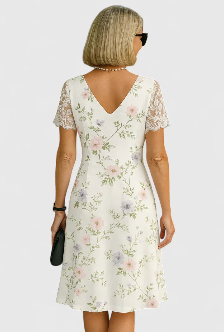 V Neck Floral Lace Sleeve Dress