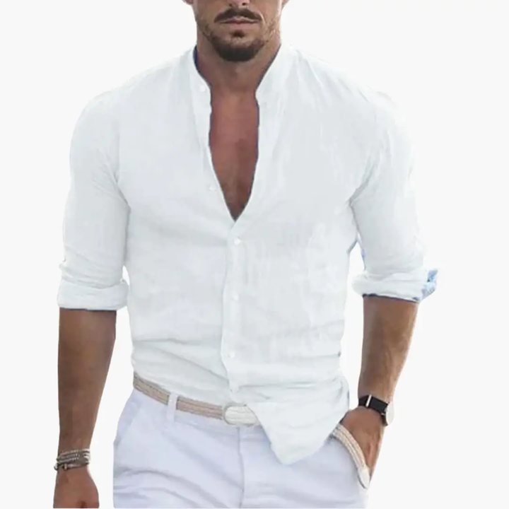 Band Collar Button Through Roll Sleeve Relaxed Linen Shirt