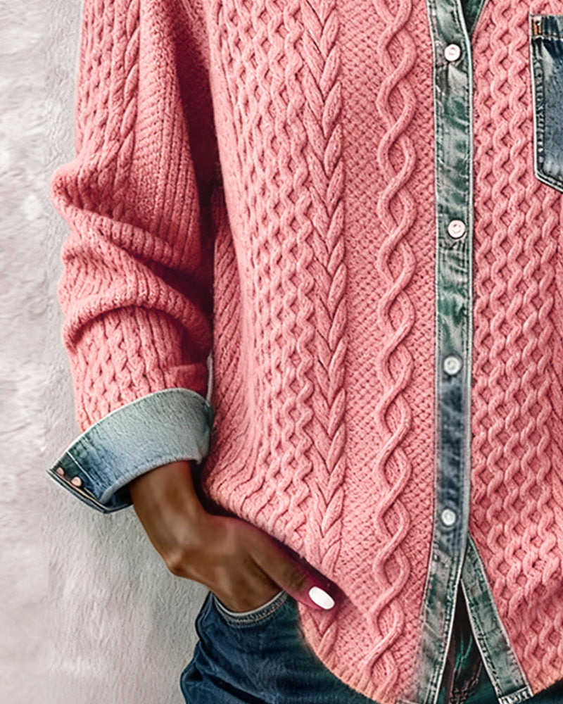 Beatrix | Women's Cable Knit Button-Down Sweater Shirt with Denim Trim