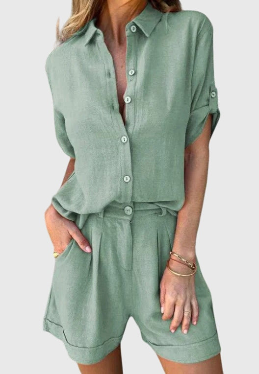Linen Shirt and High Waisted Short Set Women
