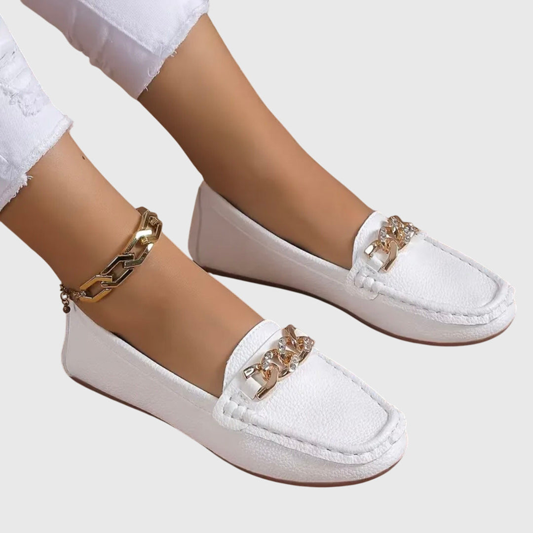 Gold Chain Detail Round Toe Loafers Women