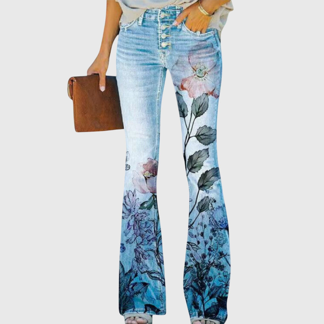 Floral Print High Waisted Flare Jeans Women - Boho Style