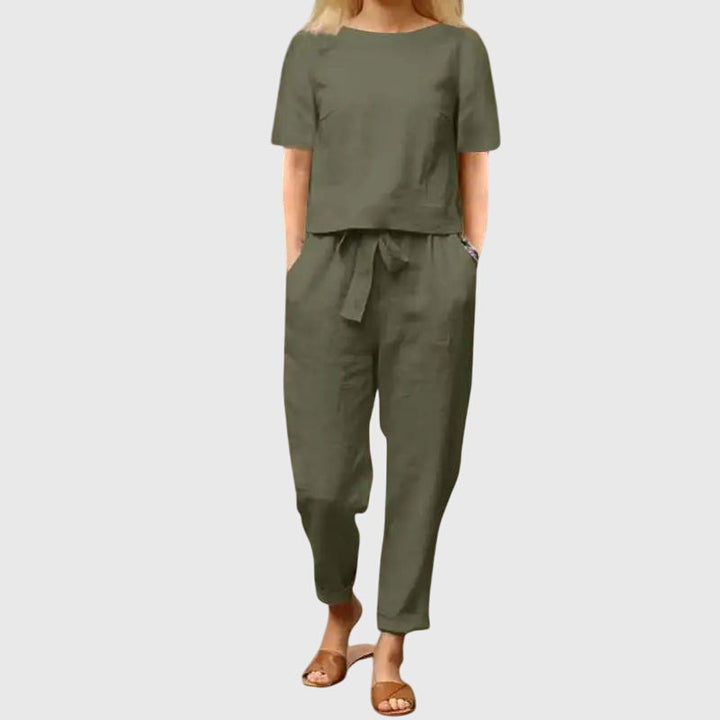 Cotton Linen Crop Top Tapered Trouser Set Women