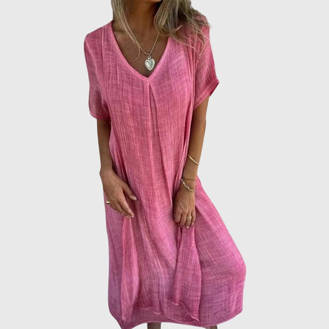 Casual Cotton Linen V Neck Summer Midi Dress