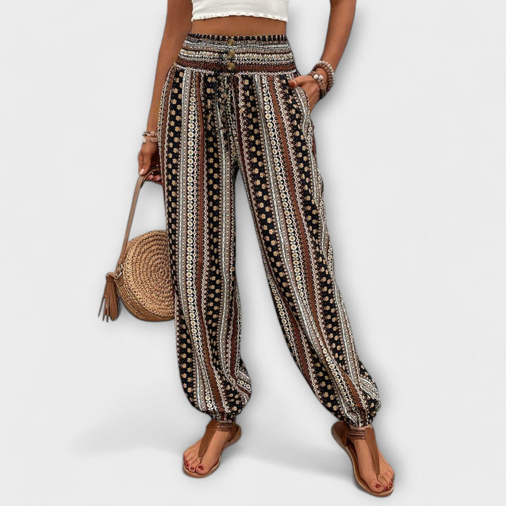 Tribal Print Smocked Waist Boho Pants Women - Festival Style