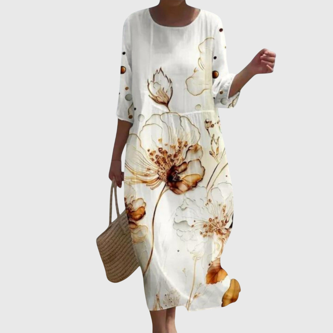 Floral Midi Dress Loose Fit Three Quarter Sleeve