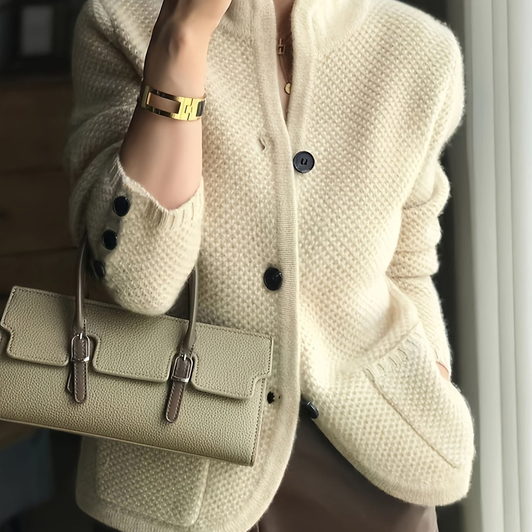 Genevieve | Women's Waffle Knit Button Cardigan with Patch Pockets