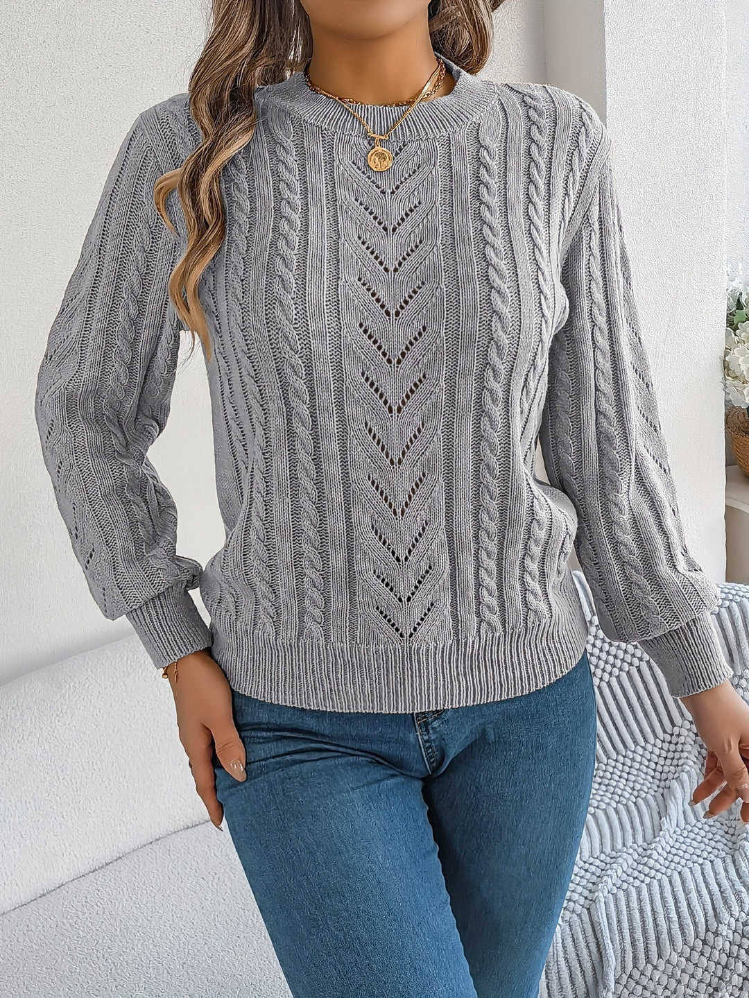 Dorothea | Women's Crew Neck Sweater in Textured Pointelle and Cable Knit