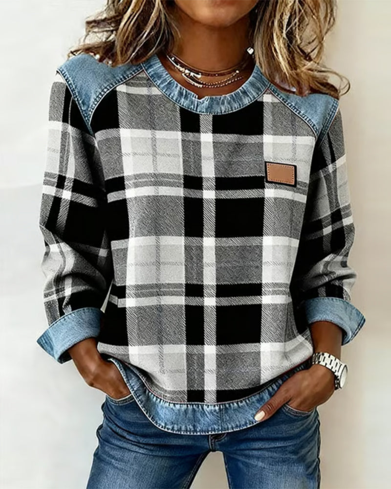 Odette | Women's Plaid Patchwork Denim Trim Crew Neck Sweatshirt