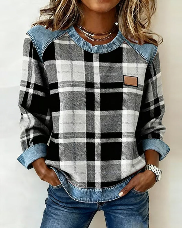 Odette | Women's Plaid Patchwork Denim Trim Crew Neck Sweatshirt