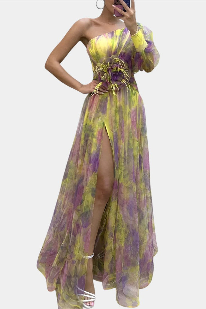 One Shoulder Floral Maxi Dress with High Split