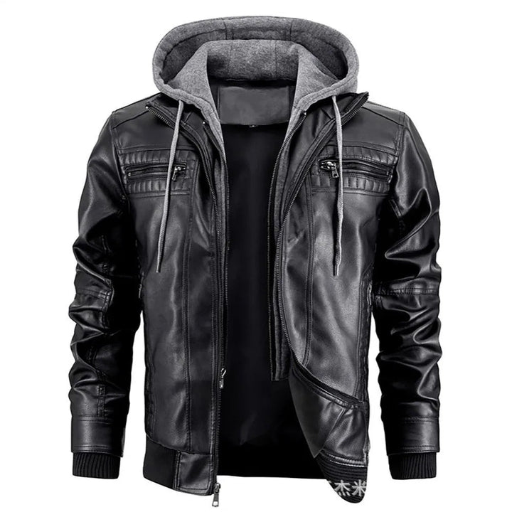Silas | Men's PU Leather Hooded Jacket with Quilted Panels