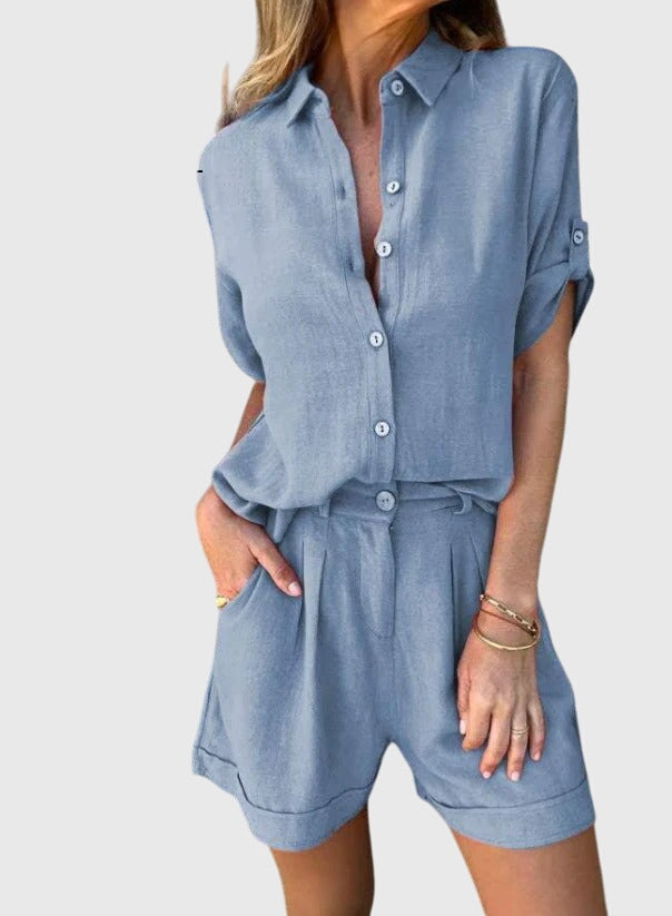 Linen Shirt and High Waisted Short Set Women