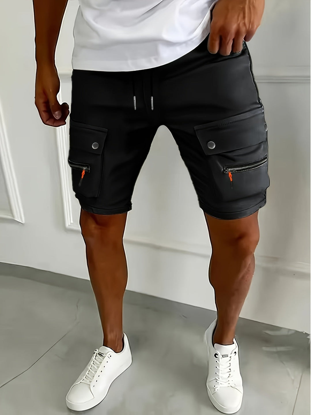 Zip Pocket Snap Flap Drawstring Slim Fit Mens Cargo Shorts