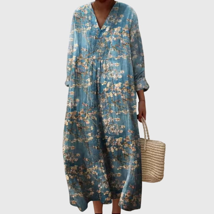 V Neck Geometric Maxi Dress Loose Fit