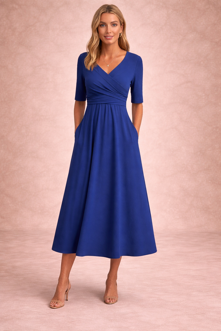 Women's Wrap Midi Dress V Neck Half Sleeve A-Line Work Casual