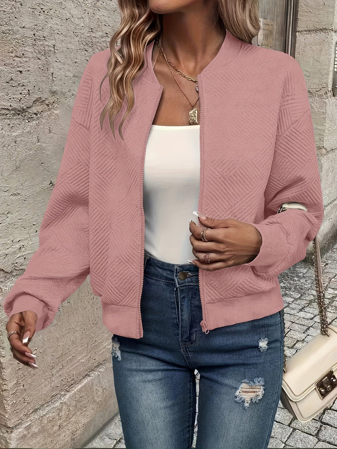 Rhiannon | Women's Geometric Textured Cropped Bomber Jacket