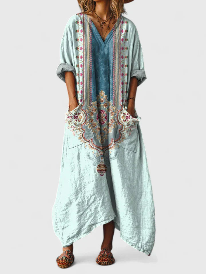 V Neck Boho Maxi Dress Loose Fit