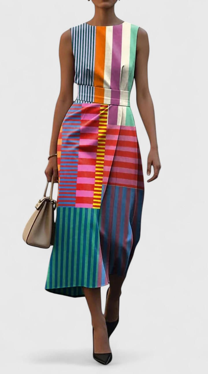 Sleeveless Patchwork Striped Midi Dress