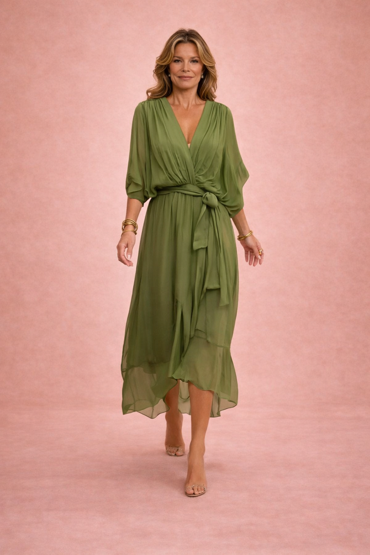 Women's Wrap Midi Dress Chiffon Batwing Sleeve Wedding Guest