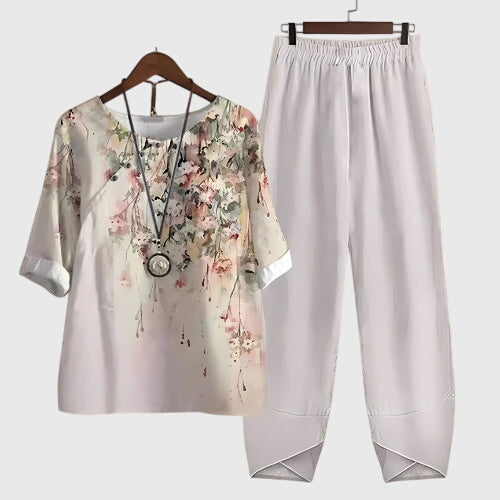 Comfortable Print Linen Top and Trouser Set Women