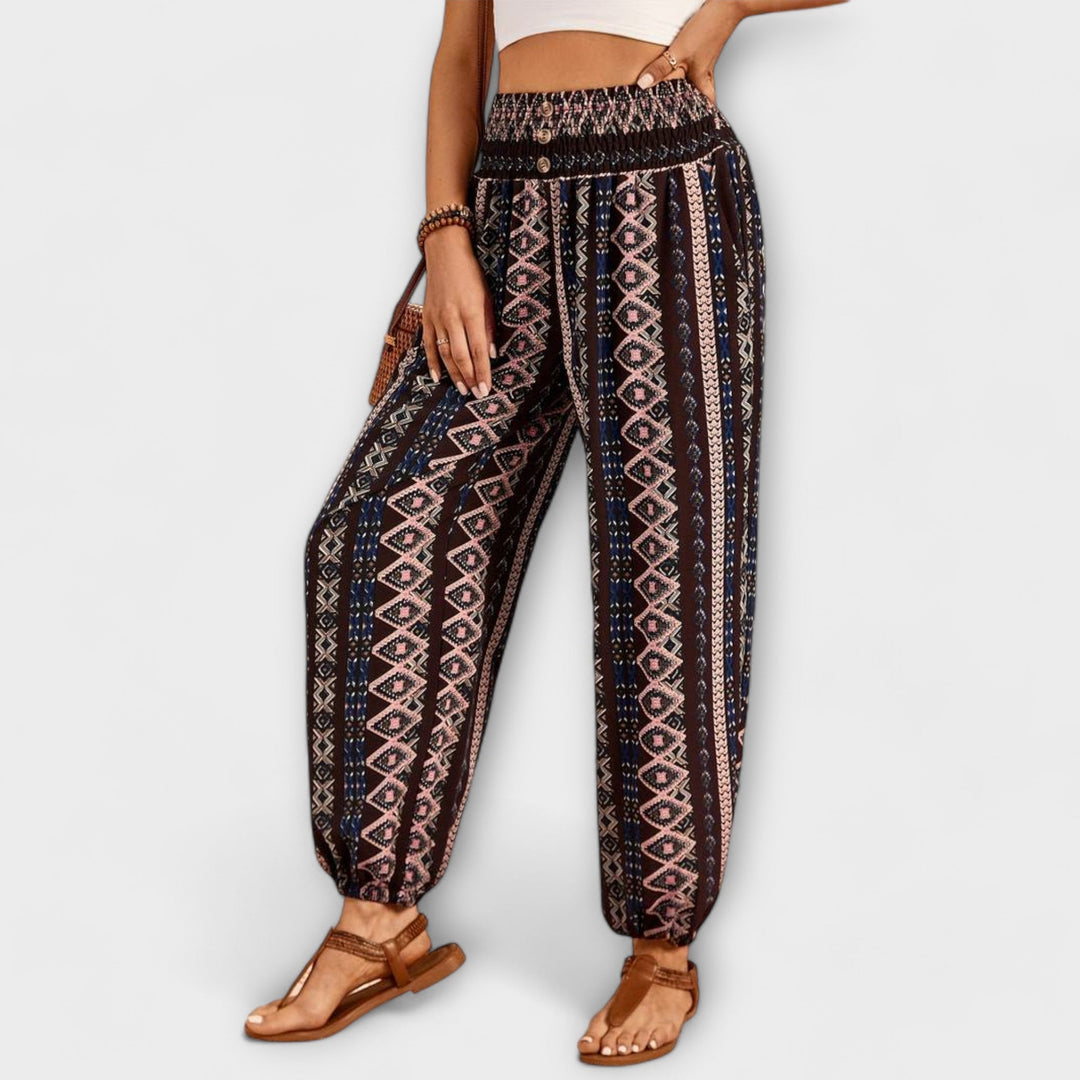 Tribal Print Smocked Waist Boho Pants Women - Festival Style