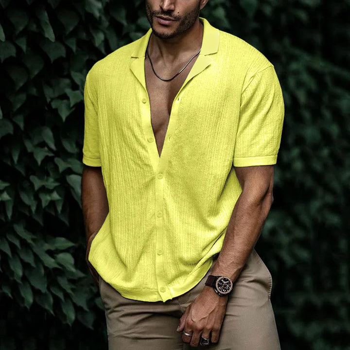 Ribbed Knit Camp Collar Short Sleeve Button Down Mens Casual Shirt