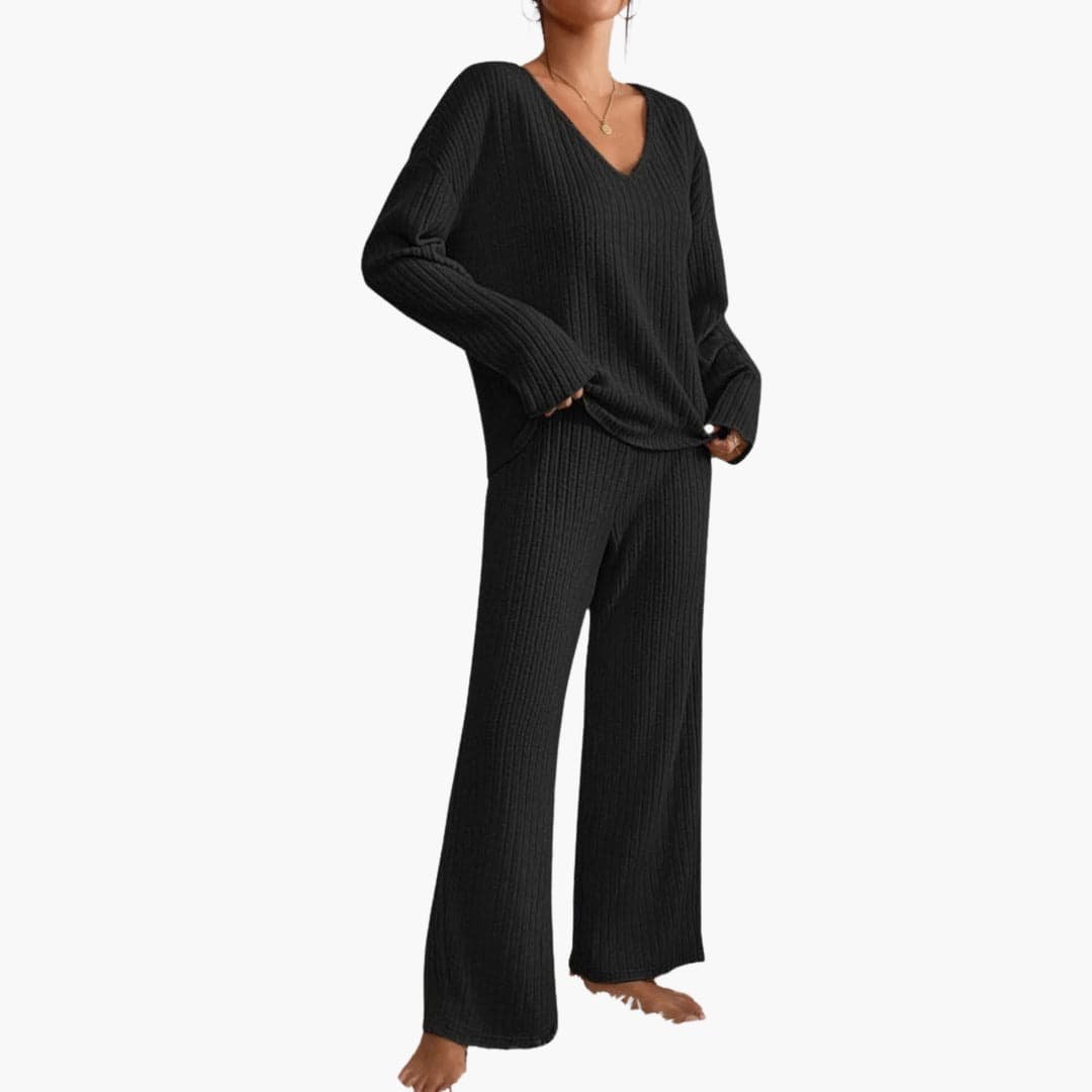 Lucienne | Women's Ribbed V Neck Sweater Wide Leg Pants Set