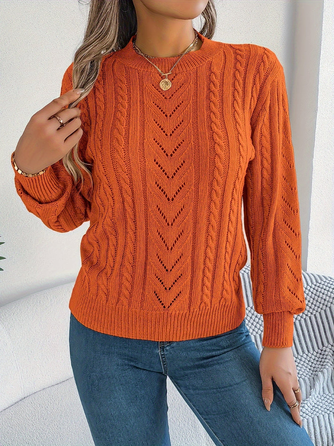 Dorothea | Women's Crew Neck Sweater in Textured Pointelle and Cable Knit