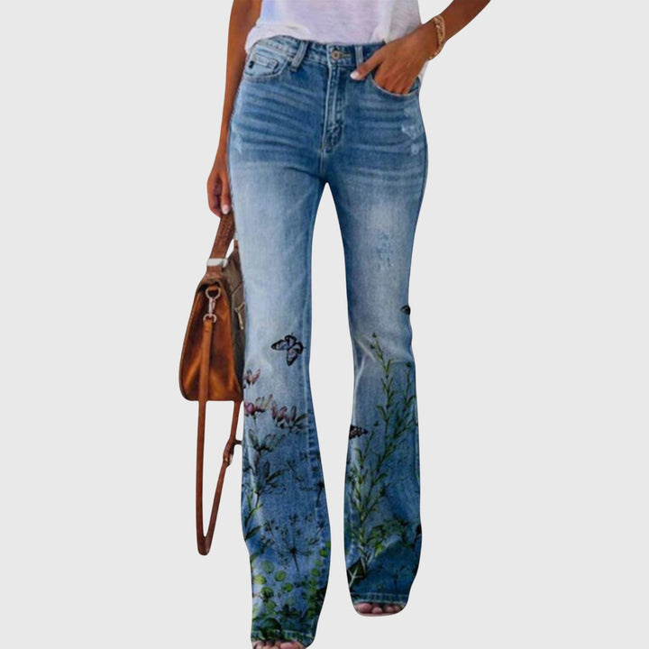 Floral Print High Waisted Flare Jeans Women - Boho Style