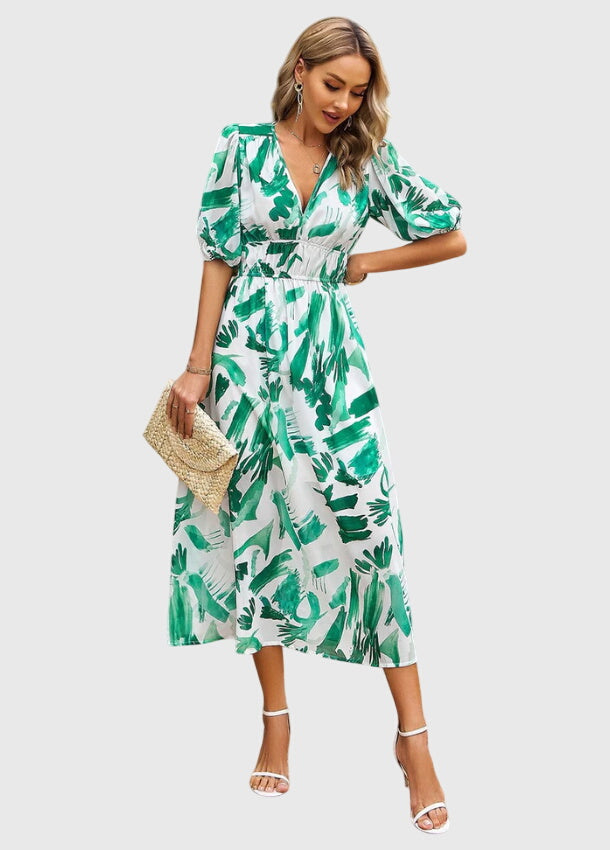 Short Sleeve Floral Midi Dress Elastic Waist