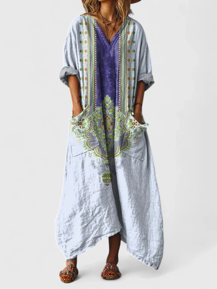 V Neck Boho Maxi Dress Loose Fit