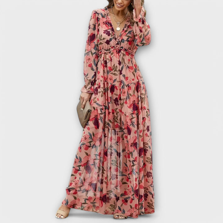 Long Sleeve Floral Maxi Dress Tiered Fit