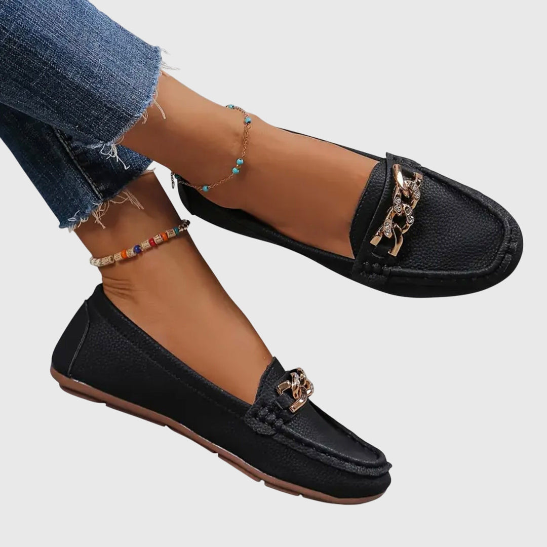 Gold Chain Detail Round Toe Loafers Women