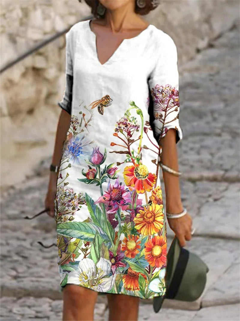 Wildflower Floral V Neck Three Quarter Sleeve Relaxed Linen Midi Dress