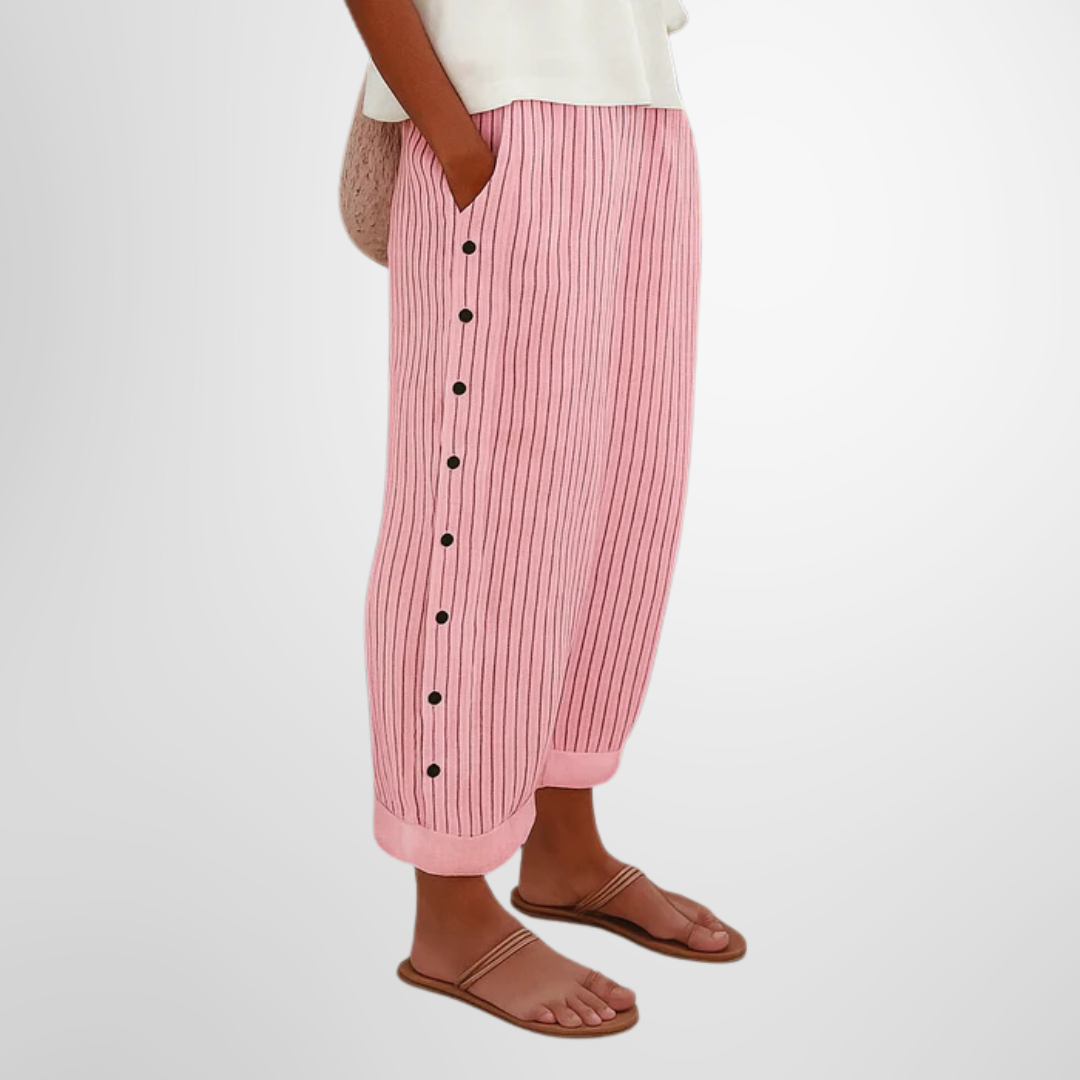 Striped Button Side Linen Casual Pants Women - Relaxed Fit