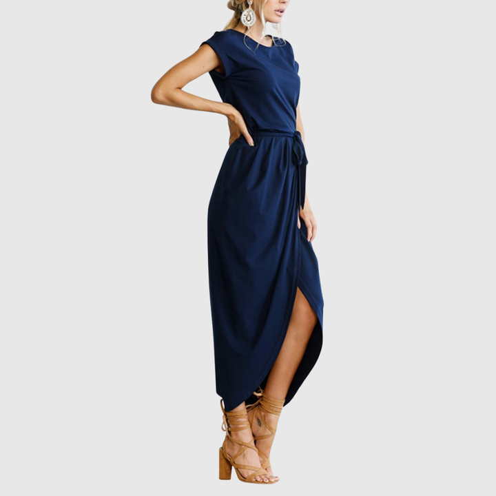 Cap Sleeve Belted Casual Midi Dress Side Split